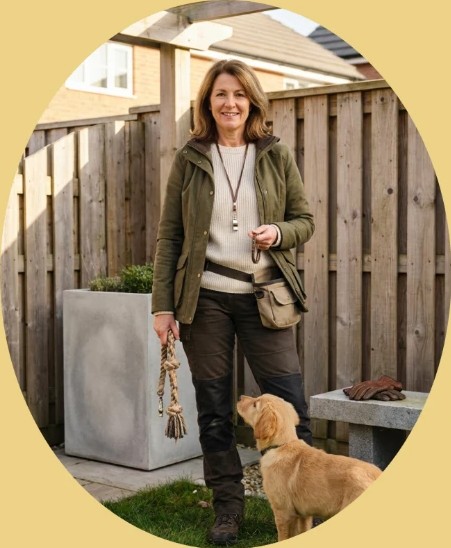 Trainer with a golden puppy in a backyard