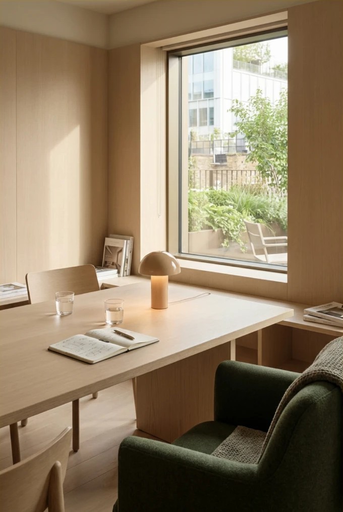 Calm, sunlit room with a table and armchair