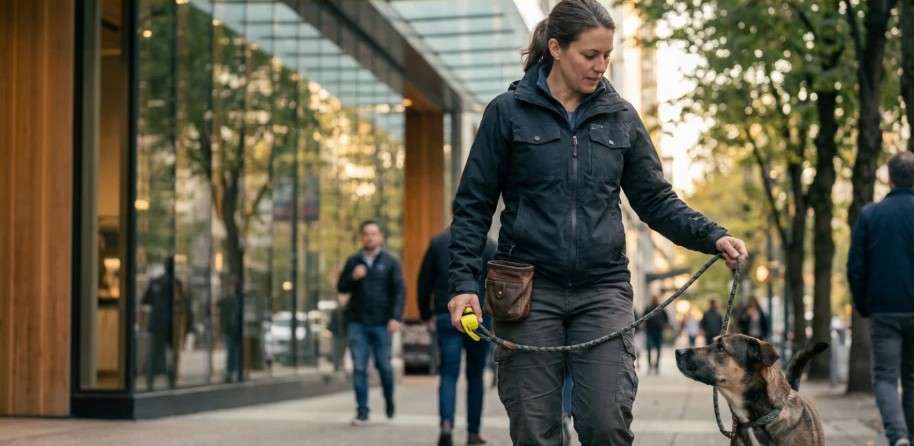 Trainer walking a dog on a loose leash downtown